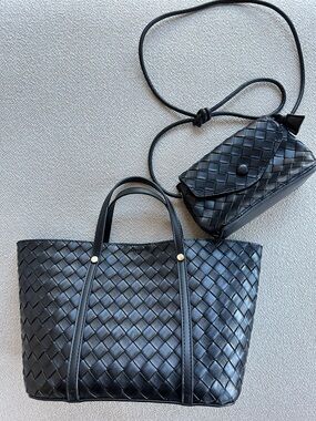 Black Woven Leather Tote and Crossbody Set